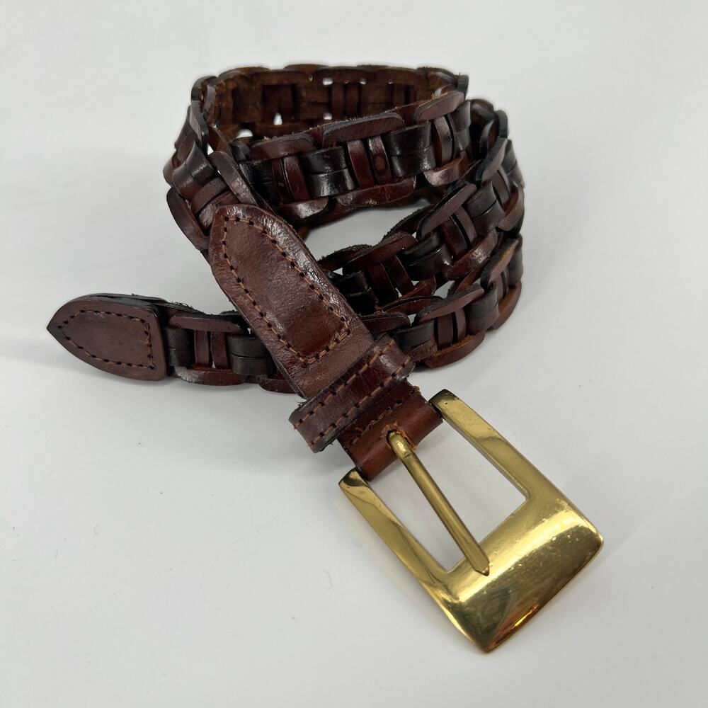 Vintage Leather Belt Womens Small Brass Buckle Braided Chain Mahogany Brown Gold